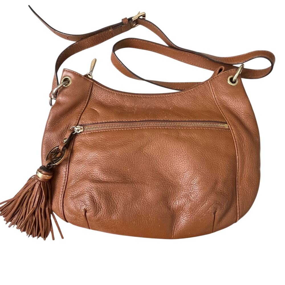 Michael Kors Crossbody Bag Pebbled Leather Fringe Tassel Gold Tone Hardware Logo